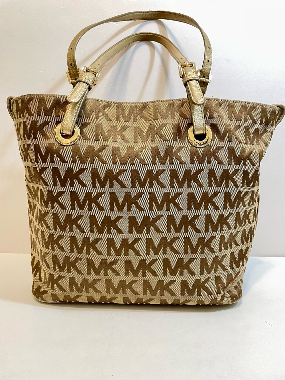 Michael Kors Jet Set Signature Large Beige and Brown Logo Tote Bag